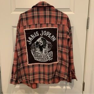 Women’s custom Janis Joplin Upcycled Pink Plaid Flannel Band Shirt.  Sz M-L